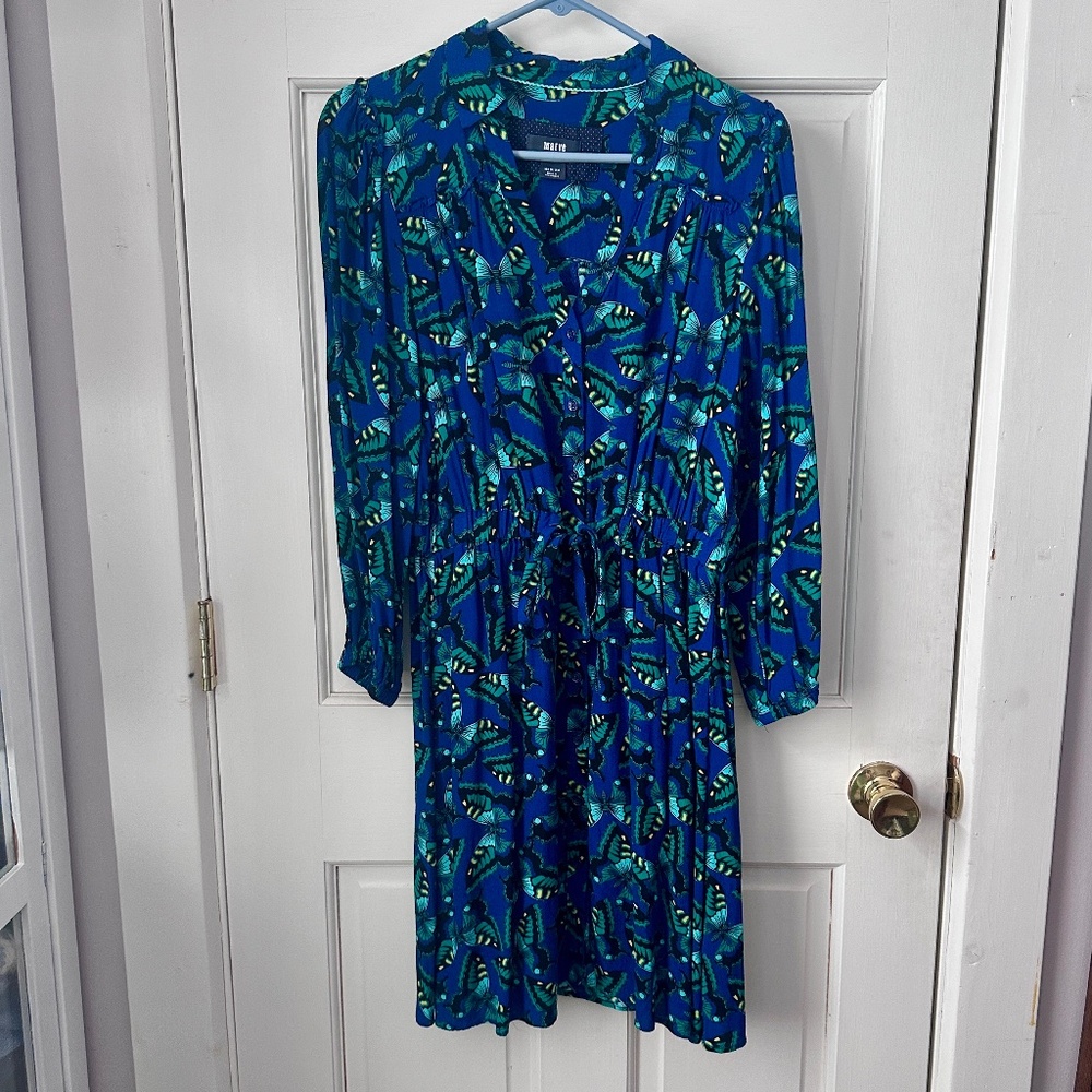 Maeve Anthropologie Pippa Blue Butterfly Novelty Print Button-Up Shirt Dress